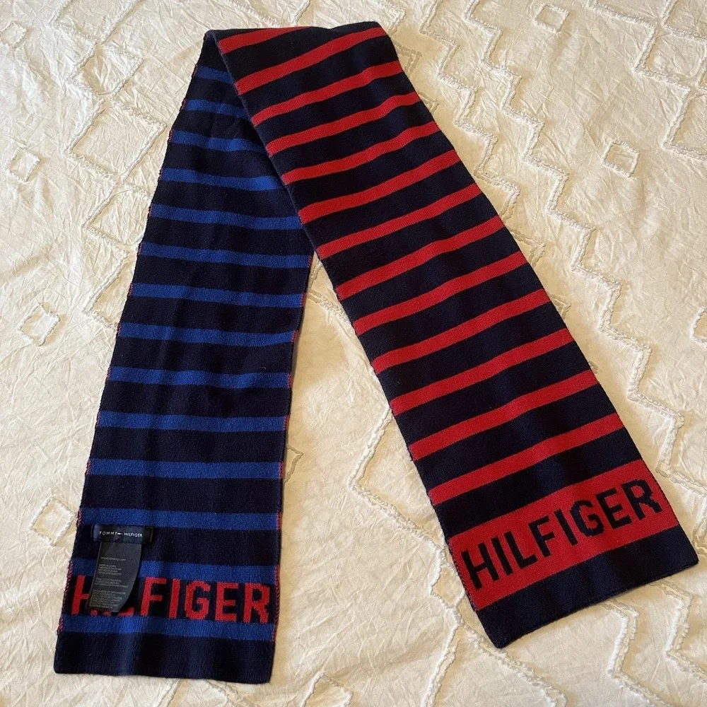 Tommy Hilfiger Men's Cotton Scarf Blue/Red‎ Stripe Logo Preppy Casual